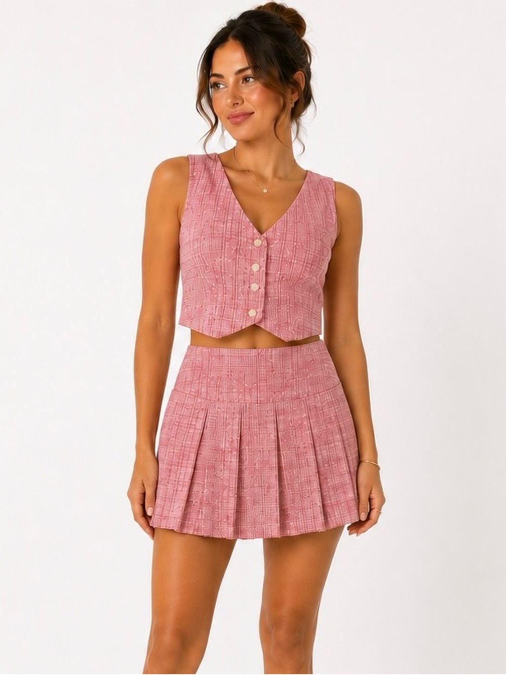 Women’s Pink Tweed 2 Piece Vest & Pleated Mini Skort Set Size Medium - Boutique
